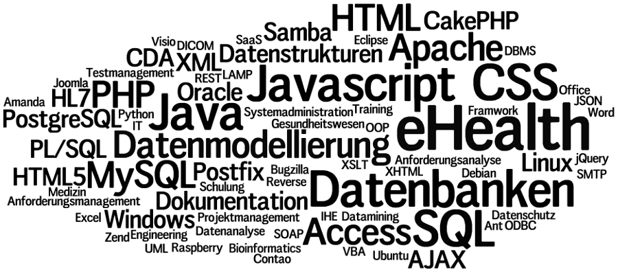 AJAX, CakePHP, Contao, CSS, Datenmodellierung, Datenstrukturen, HTML, HTML5, Java, Javascript, Joomla!, jQuery, LAMP, Linux, MySQL, PHP, PostgreSQL, Datenschutz, Python, Raspberry_Pi, Reverse_Engineering, SQL, Windows, XHTML, XML, XSLT, Zend_Framwork, Projektmanagement, Testmanagement, HL7, eHealth, Gesundheitswesen, Medizin, Access, Office, Word, Excel, Visio, Dokumentation, Apache, CDA, Systemadministration, UML, DICOM, IHE, OOP, Eclipse, Postfix, Samba, IT_Training, Schulung, Anforderungsmanagement, Anforderungsanalyse, Amanda, Ant, Bioinformatics, Bugzilla, DBMS, Datenanalyse, Datamining, Datenbanken, Debian, Ubuntu, JSON, REST, SOAP, ODBC, Oracle, PL/SQL, SMTP, SaaS, VBA